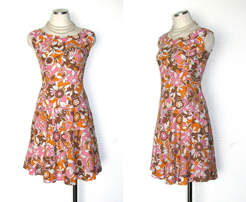 Vintage 60s Sun Dress / 1960s Dress / 60s Dress / Brown, Orange, Pink Floral Dress / Drop Waist Sundress / Mod Spring Dress / Size M