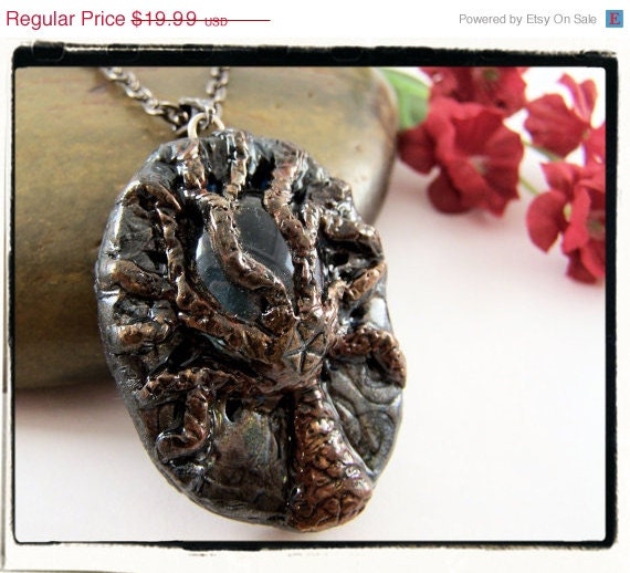 ON SALE 010 Black and Brown Gold Handshaped Clay Tree of Life Pendant Glass Background no Chain