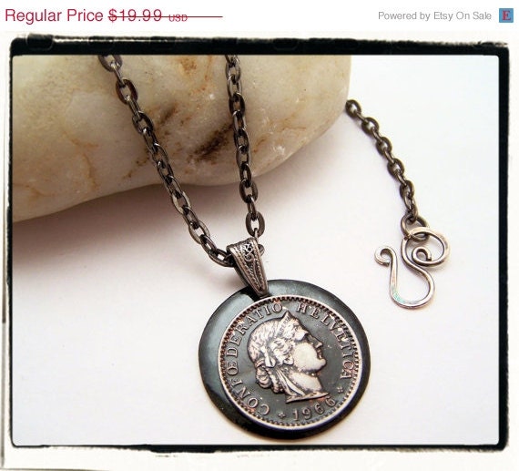 ON SALE 030 Hand Painted Vintage 1966 Swiss 20 Rappen Coin Pendant no Chain