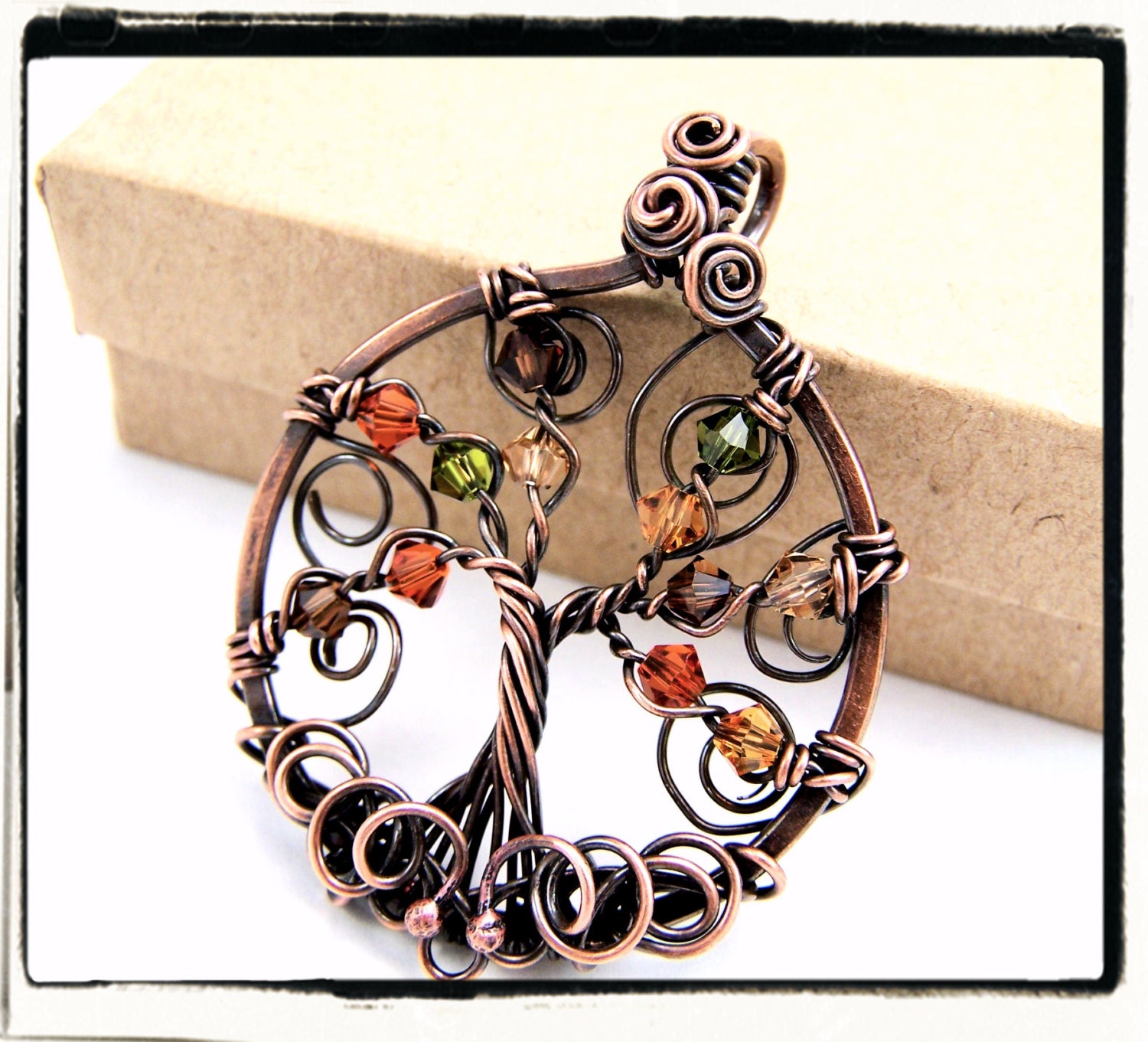 018 Antique Copper Autumn Crystal Wire Wrapped Tree of Life Pendant