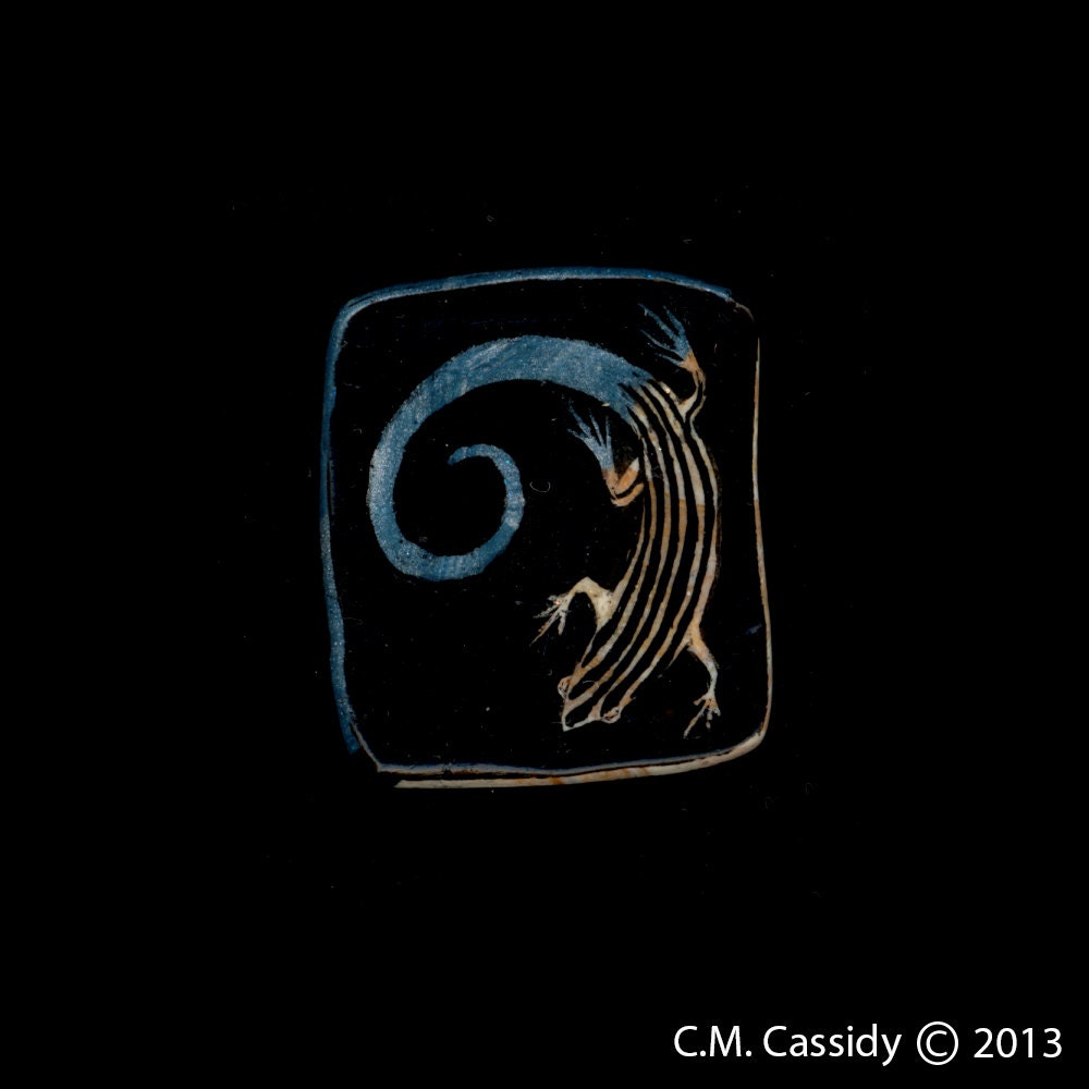 The Blue Tailed Skink Pendant. Lizard Jewelry Original Ink Drawing on Polymer Clay in Blue, Gold, Black. 2988