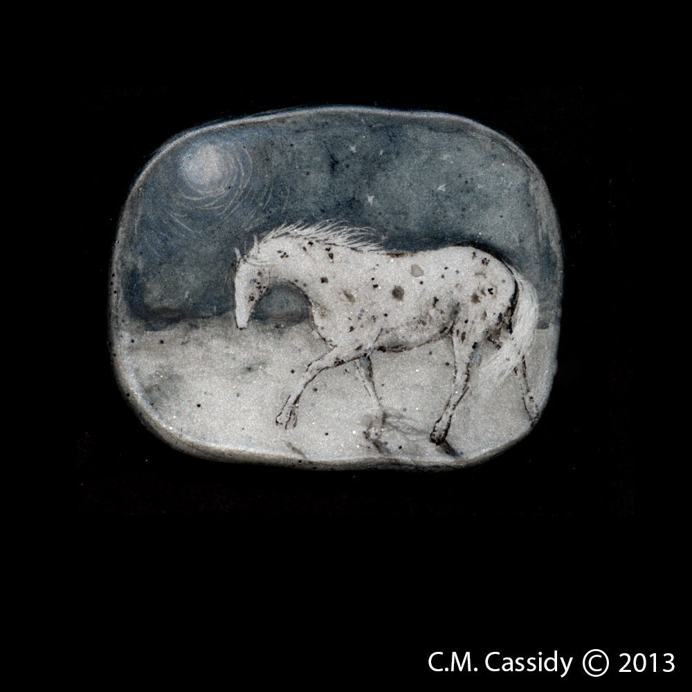 Appaloosa at Night. Horse Pin or Pendant. Original Ink Drawing on Polymer Brooch. Black, White, and Silver 3094