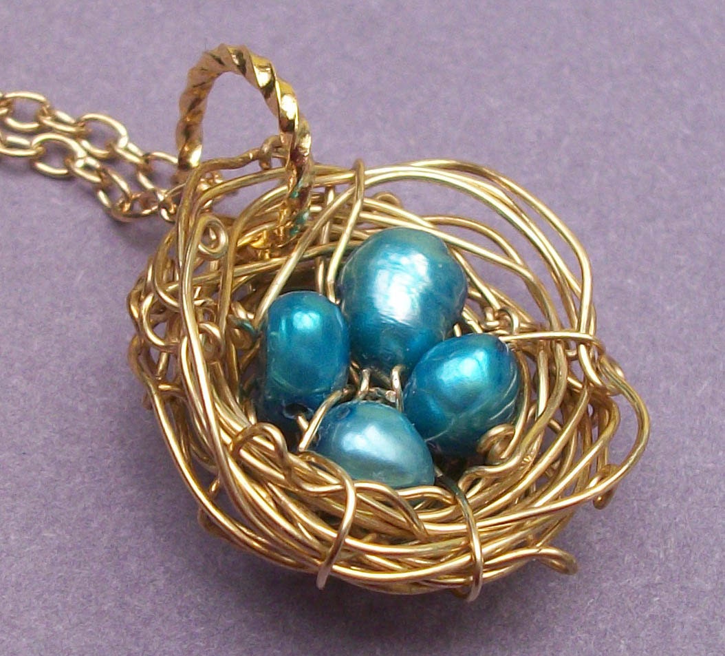 Gold Birds Nest Necklace Rustic Style With Blue  Freshwater Pearl Eggs Handmade Jewelry Mothers Day Mother To Be Gift