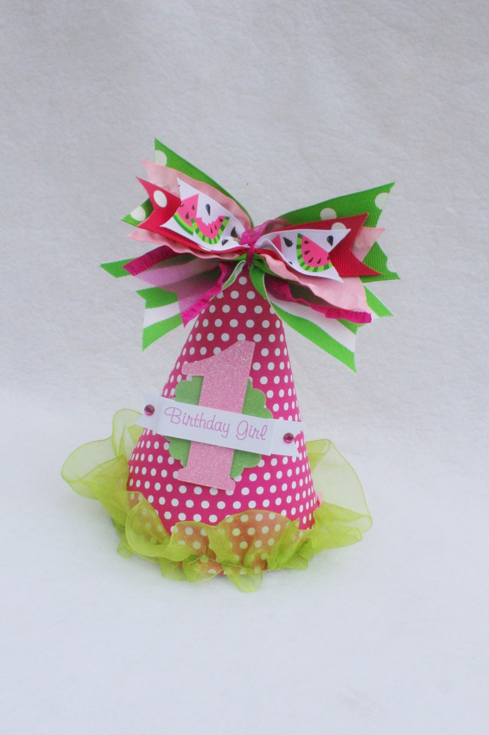 Watermelon Birthday Party Hat in Hot Pink, Lime Green and White Polka Dot
