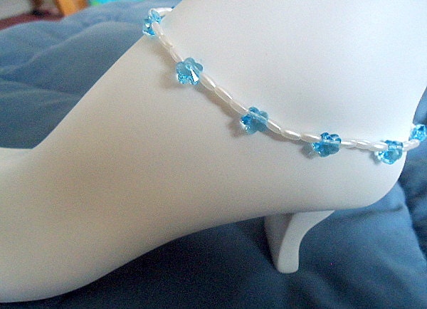 Stretch ankle bracelet beaded anklet swarovski crystal flowers aquamarine and pearls foot jewelry tropical summer beachy