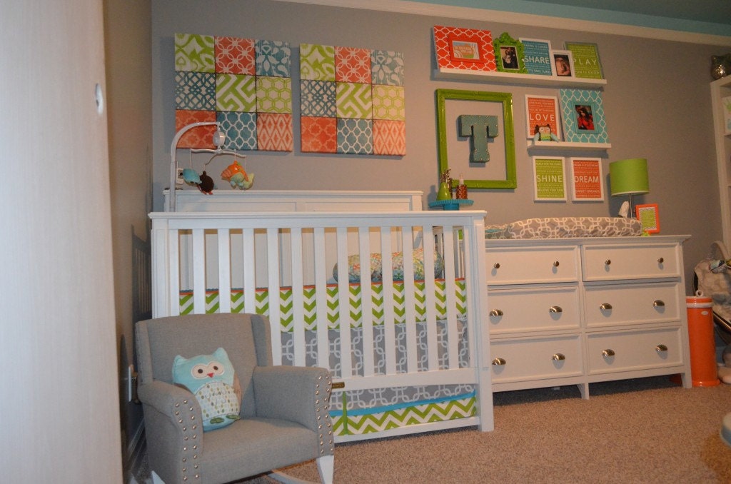 Modern Bumperless Boys Blue Gray Orange Custom Baby  Crib Set DEPOSIT