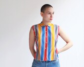 Vintage striped top - sleeveless - collared - 60s - small
