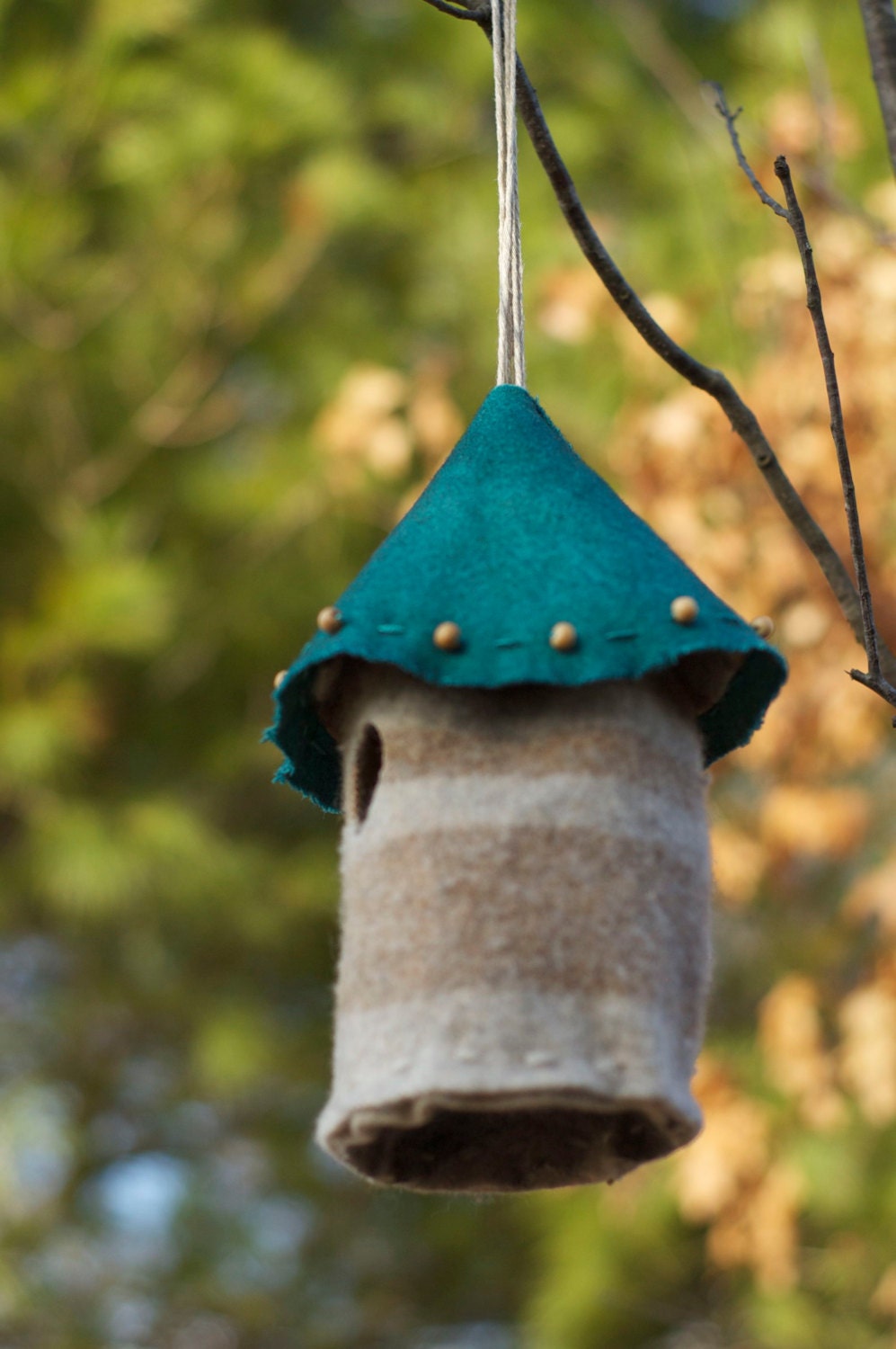 Felted Birdhouse or Fairy House - UpcycleRecycled Wool - Home and Garden Decor - Teal