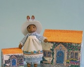 Miniature dressed bunny rabbit lady for 1/4" or doll for 1" scale plus free dollhouse kit