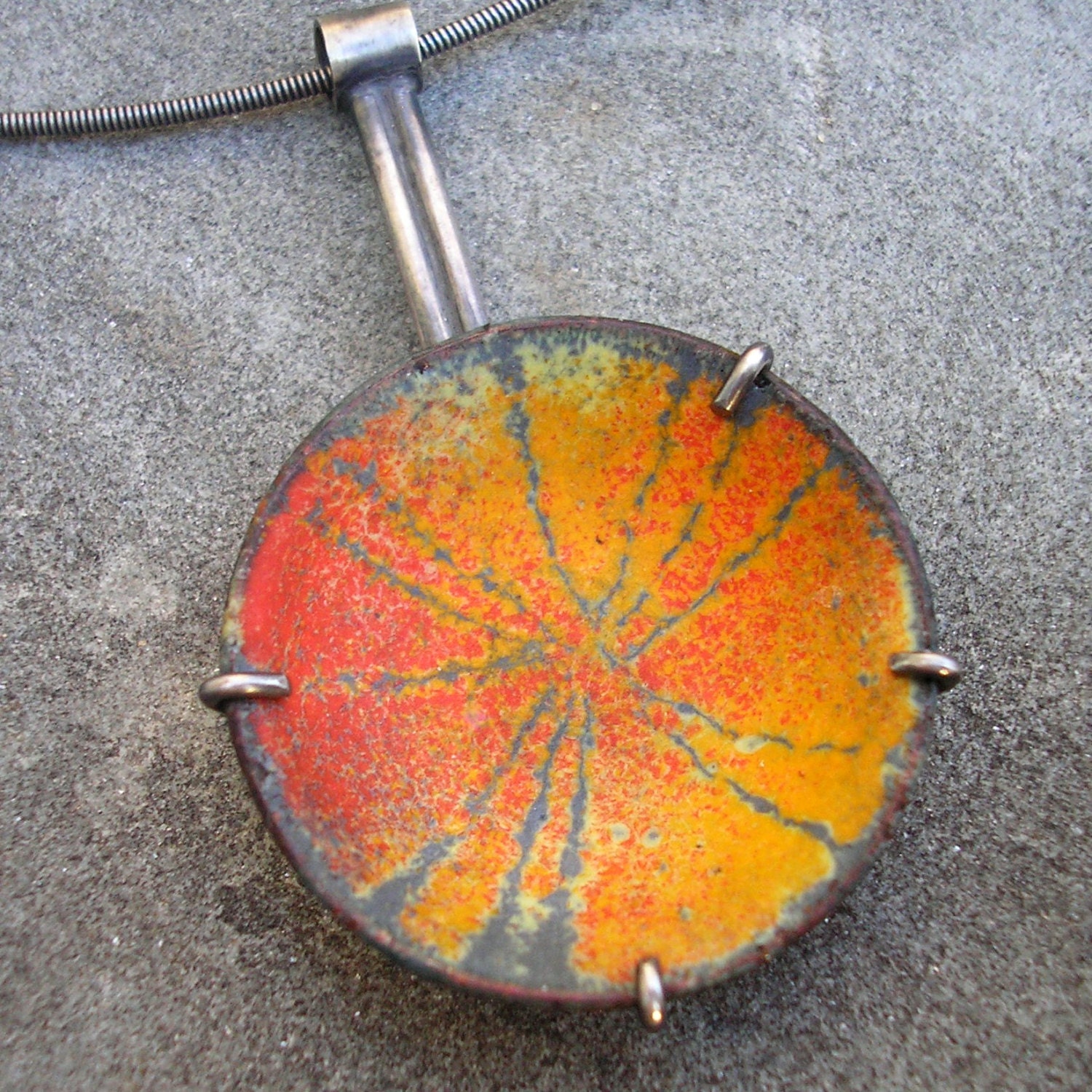 Enamel and Sterling Silver Pendant - Sgraffito Orange, Red, Chartreuse, Charcoal Grey Enamel Necklace