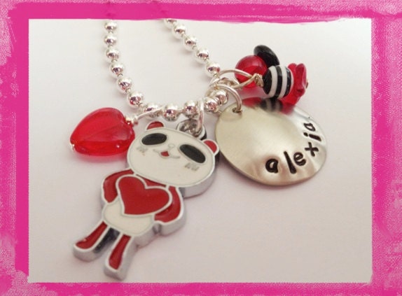 Panda Necklace - PANDA LOVE Necklace Hand Stamped  Personalized for Children