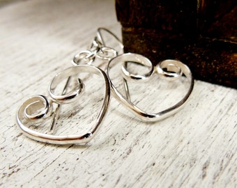 Sterling Silver Heart Shaped Earrings, Heart Dangle Earrings, Drop heart Earrings