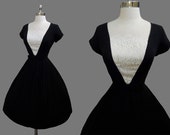 Vintage 1950s 50s Black Chiffon Ivory Lace Cocktail Party Dress NOS M