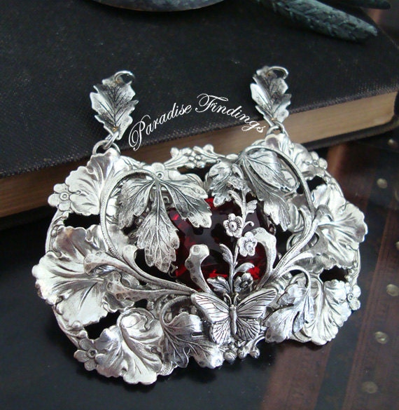 Victorian Elegance Floral and Butterfly Silver Necklace Supply, Gorgeous Large Cranberry Jewel, Hand Made, Original Pendant