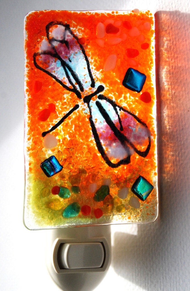 Night Lights Glass dragonfly wall light Fused glass brilliant pumpkin orange