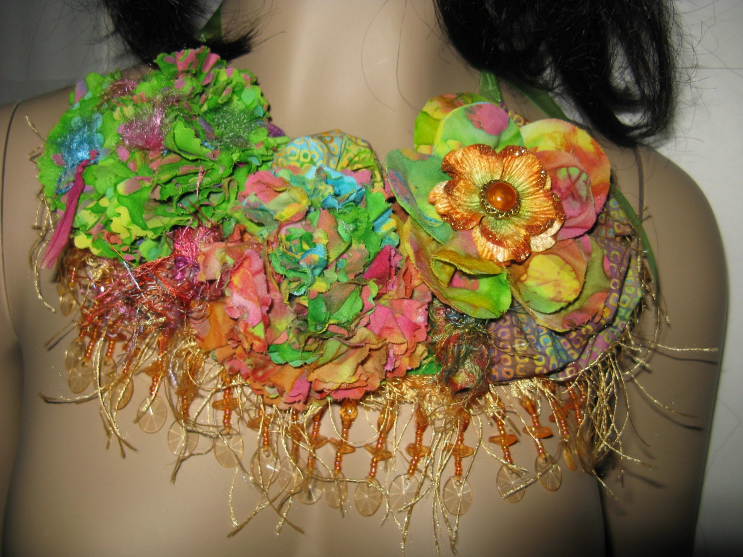 Bib Necklace Tropical Statement Necklace Pink Green Orange Floral