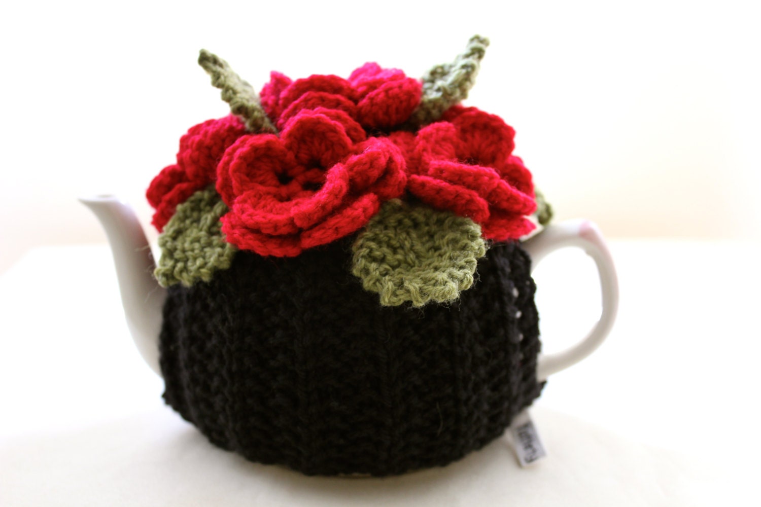 Tea for One or Two - Black Magic Two - Hand knitted Flower Garden Tea Cosy in Pure Merino Wool - Size SMALL 