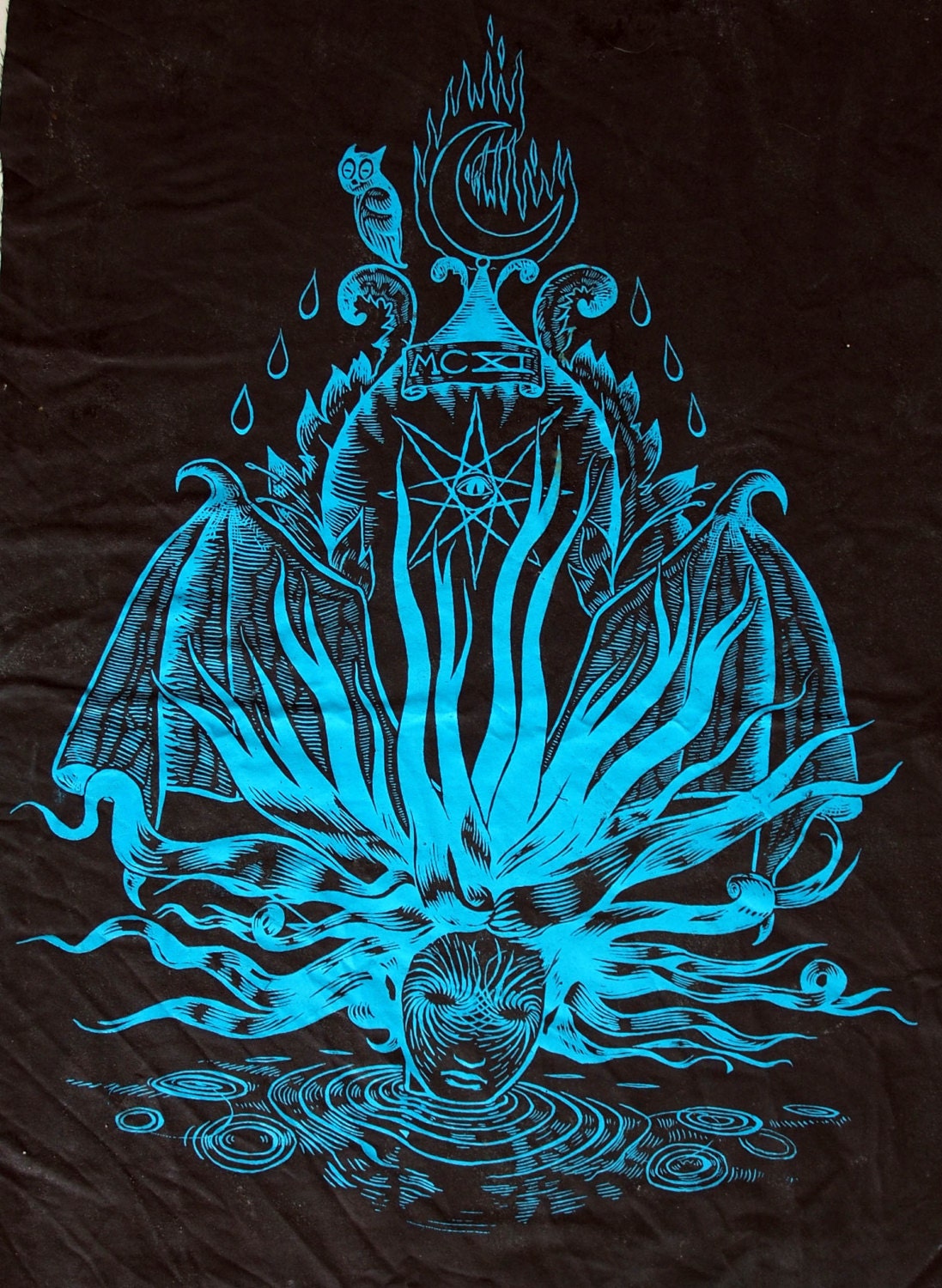 Water Spirit Backpatch, Electric Blue on 100% Cotton w/  Custom Beeswax Breathable Waterproofing.