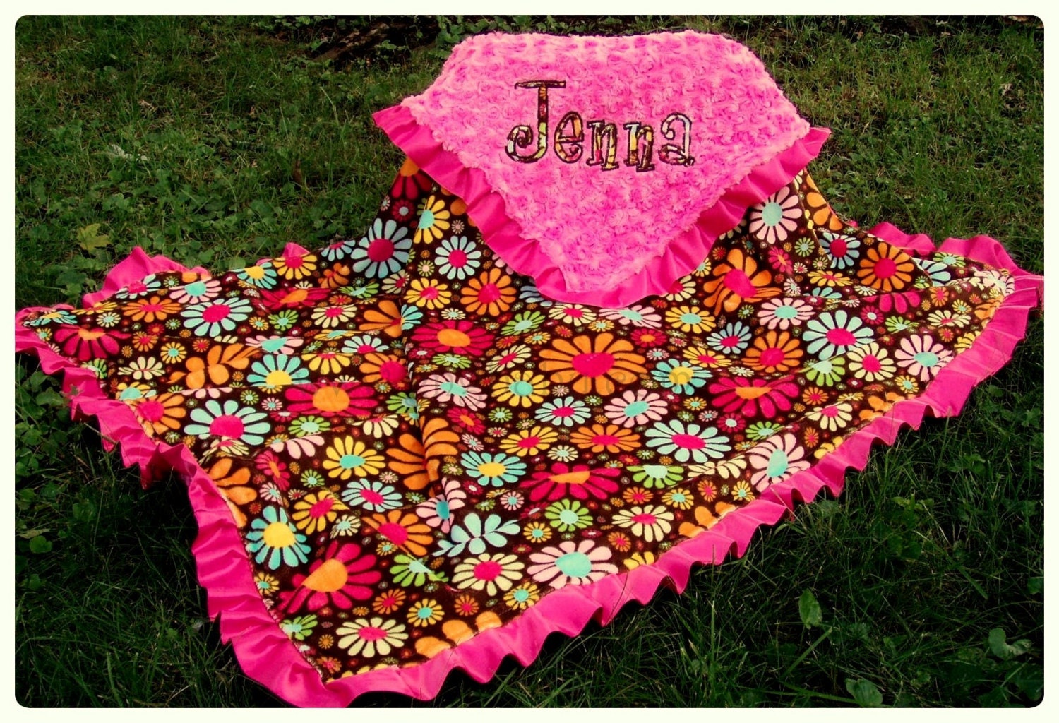 Baby Blanket - Flower Child Minky- Soft Sorbet Pink Minky Swirl- Satin Ruffle - Personalized/ Applique - Baby Girl - Multiple Sizes