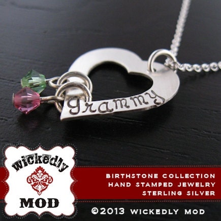 Birthstone Collection - LANA heart mother necklace w 2 birthstone crystals - Hand Stamped - Personalized Necklace - Grandmother Necklace