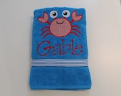 Boys, Girls, Bath, Beach or Pool Towel, Teal Terry Cloth Towel 54 x 30 , Cute Crab Applique with Monogram , Teal and White Stripe Ribbon