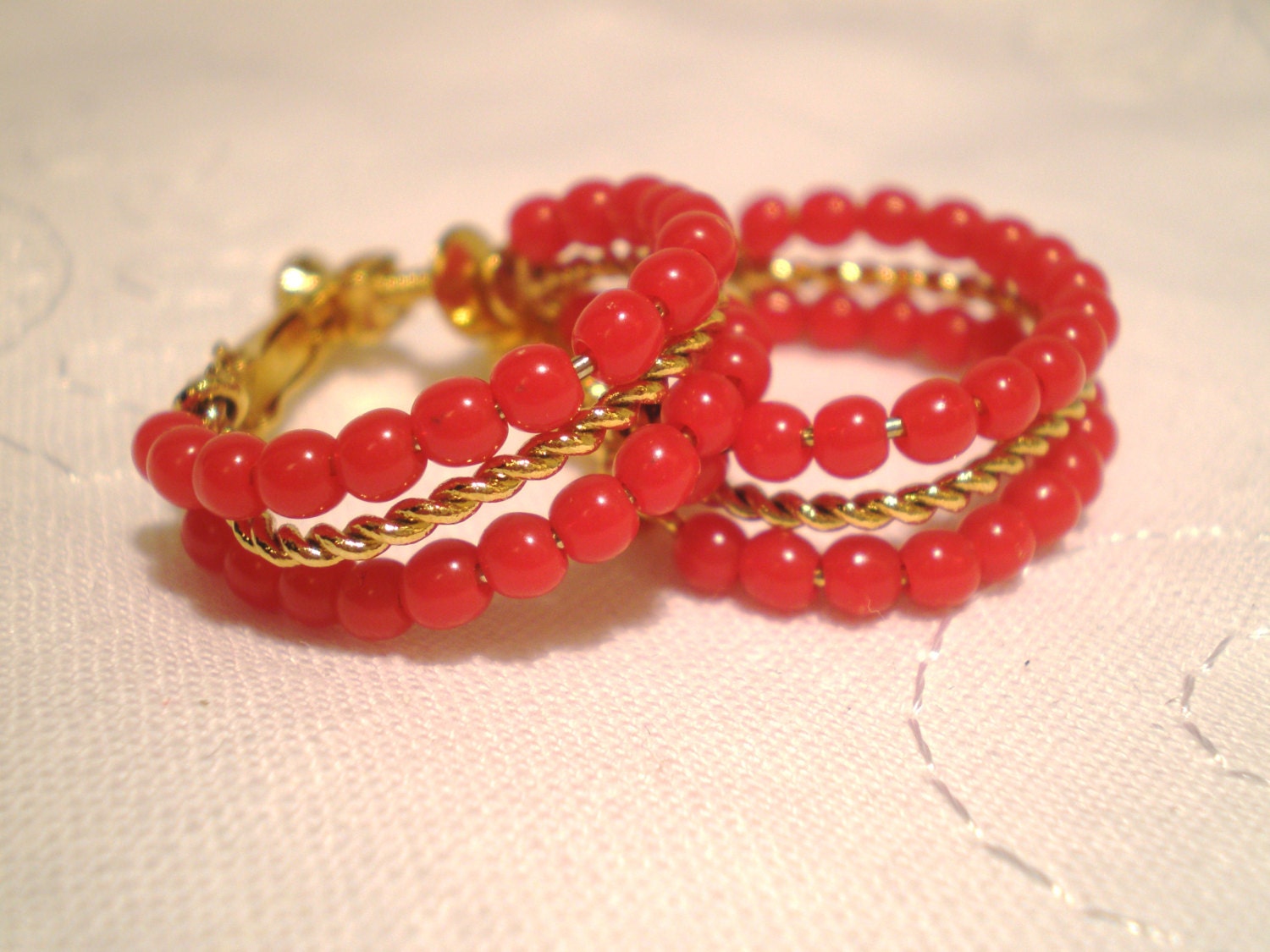 Vintage Earrings Dangle Hoop Signed Napier Red An Gold Beaded Lucite Screwback  Retro Statement Art Deco Contemporary Mid Century Clip