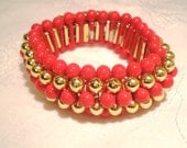 Vintage Bracelet / Bangle / Cuff / Streatch Lipstick Red an Bright Gold Bold Chunky 60s Mid Century  Statement Retro Modern Contemporary