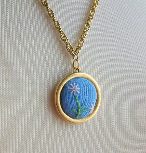 Frame Pendant Necklace Salvaged Blue Vintage Embroidered Tea Towel Swatch