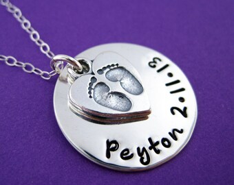 Baby Feet Charm with Name and Date - Hand Stamped Sterling Silver Jewelry