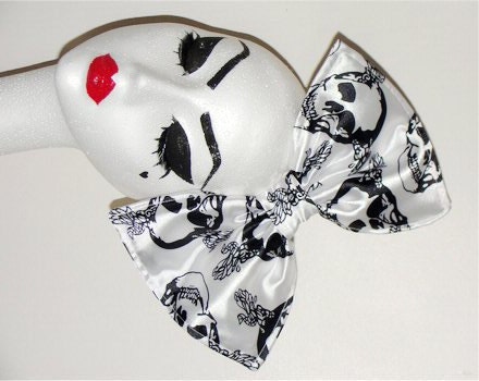 SALE - White and black tattoo Skull print oversized satin hair bow - headband or comb