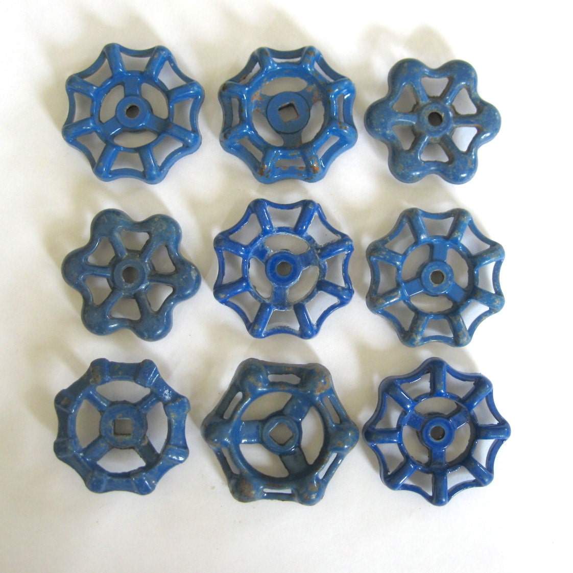 9 vintage faucet handles, blue valve handles, handles faucet, metal spigot handles, water knobs,  group 270