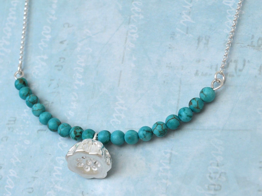 TRUE ZEN solid silver alloy cast lotus seed charm with turquoise beads sterling silver rolo chain necklace