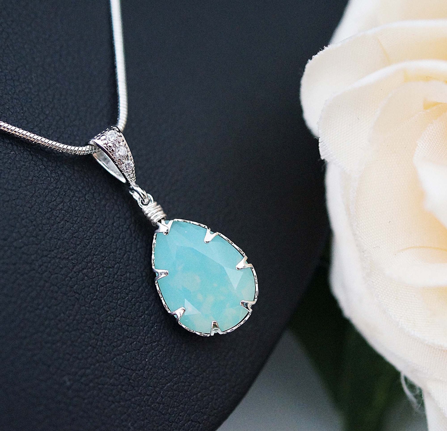 Wedding Jewelry Bridal Jewelry Bridesmaid Necklace Sea foam mint pacific opal Swarovski Crystal tear drop necklace Bridesmaid Gift