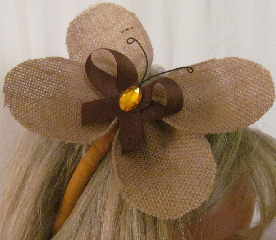 BURLAP BUTTERFLY HEADBAND Head Band Hairbow Hair Bow Child Brown Mustard Gold Golden Yellow