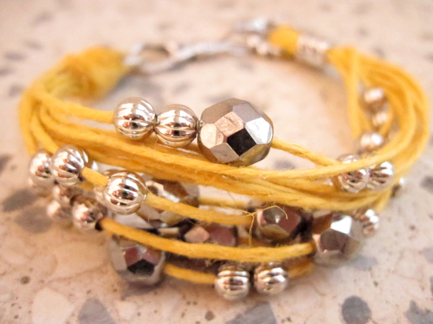 String bracelet mustard yellow hemp with silver beads and dark grey hematite czech glass beads  - fiber jewelry