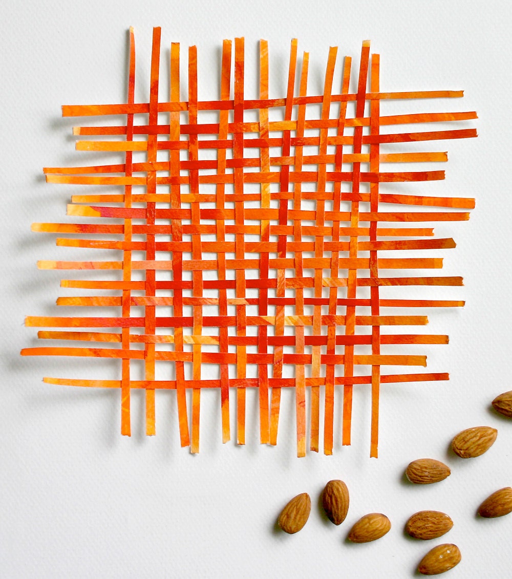 Orange Paper Weaving- Original Abstract Mixed Media- Nectarine Woven Paper Art- Pantone