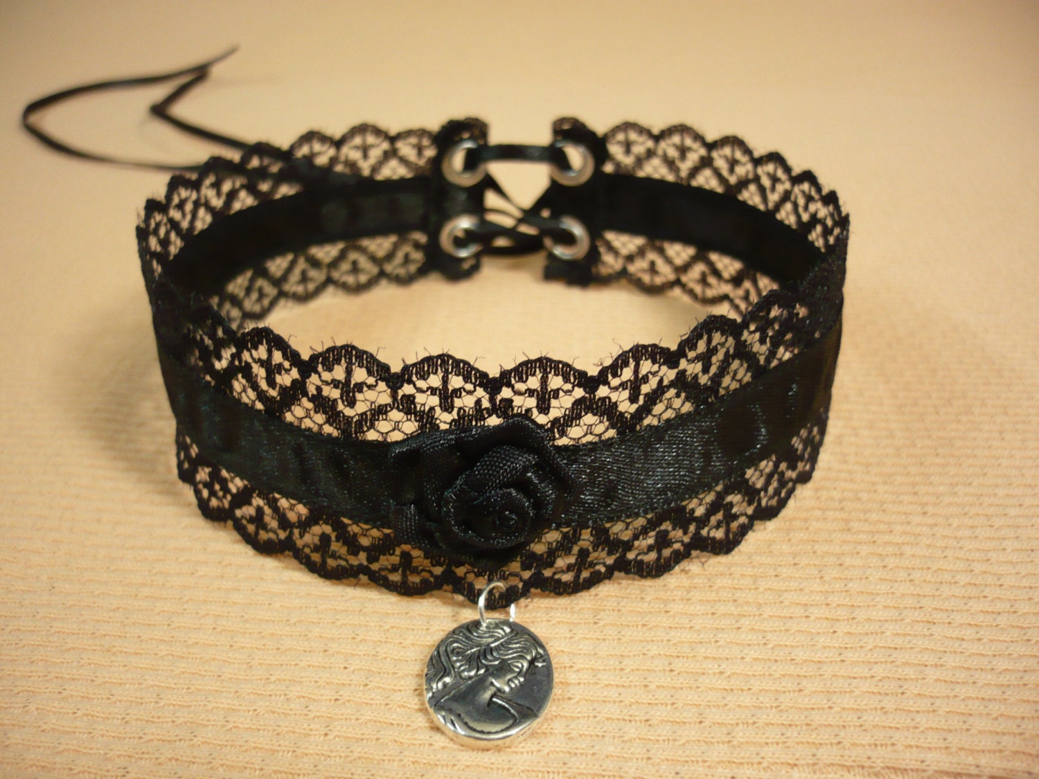 Gothic Choker with Lady Cameo Pendant, Black Lace and Satin Necklace, Vampire, Romantic Victorian Neck Piece, Dark Wedding, Textile Jewelry