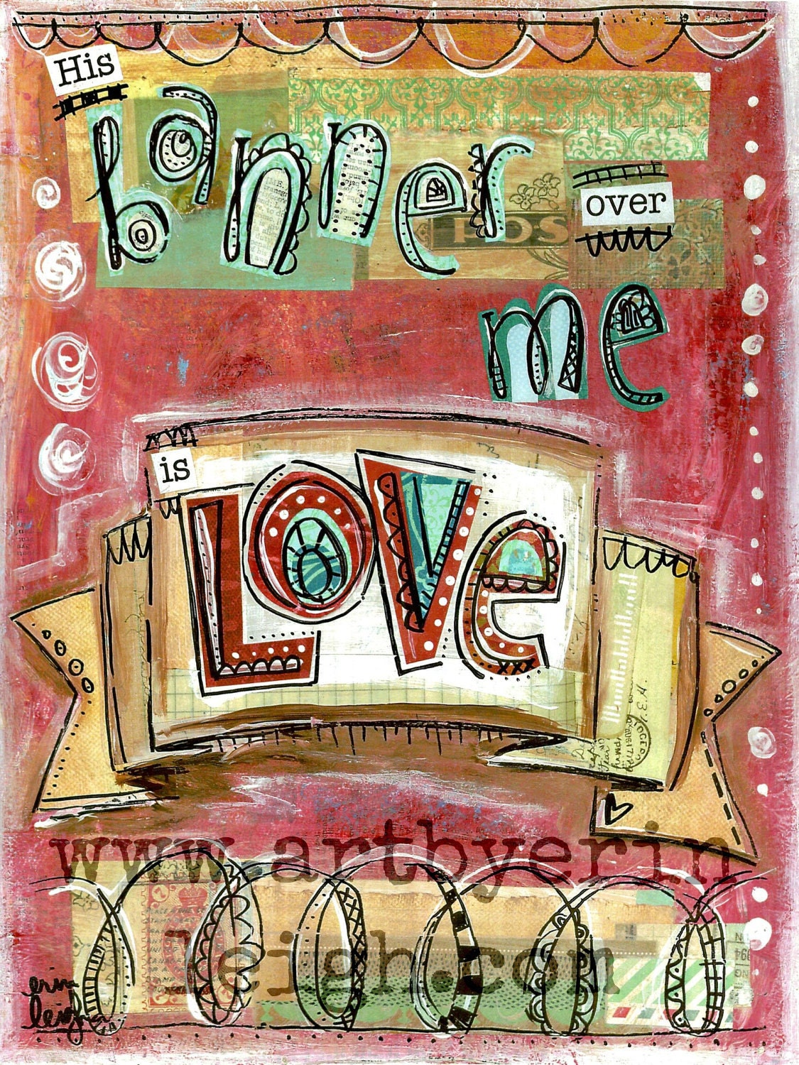 Kids Scripture Art, Sunday School Songs: His Banner Over me Is Love, 11 x 14 Original Mixed Media Collage on Wood