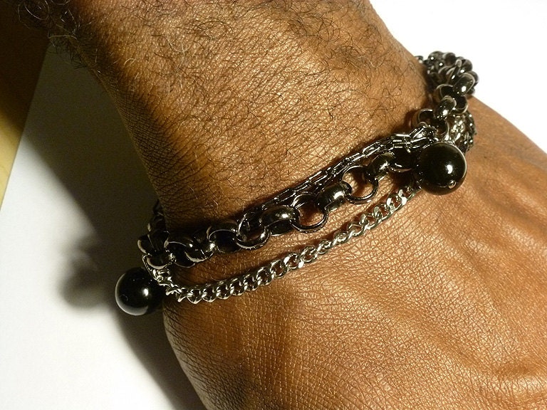 3 Styles Chains Wrapped Chain Bracelet with black Onyx beads / Men chain combination bracelet/ One size fits all