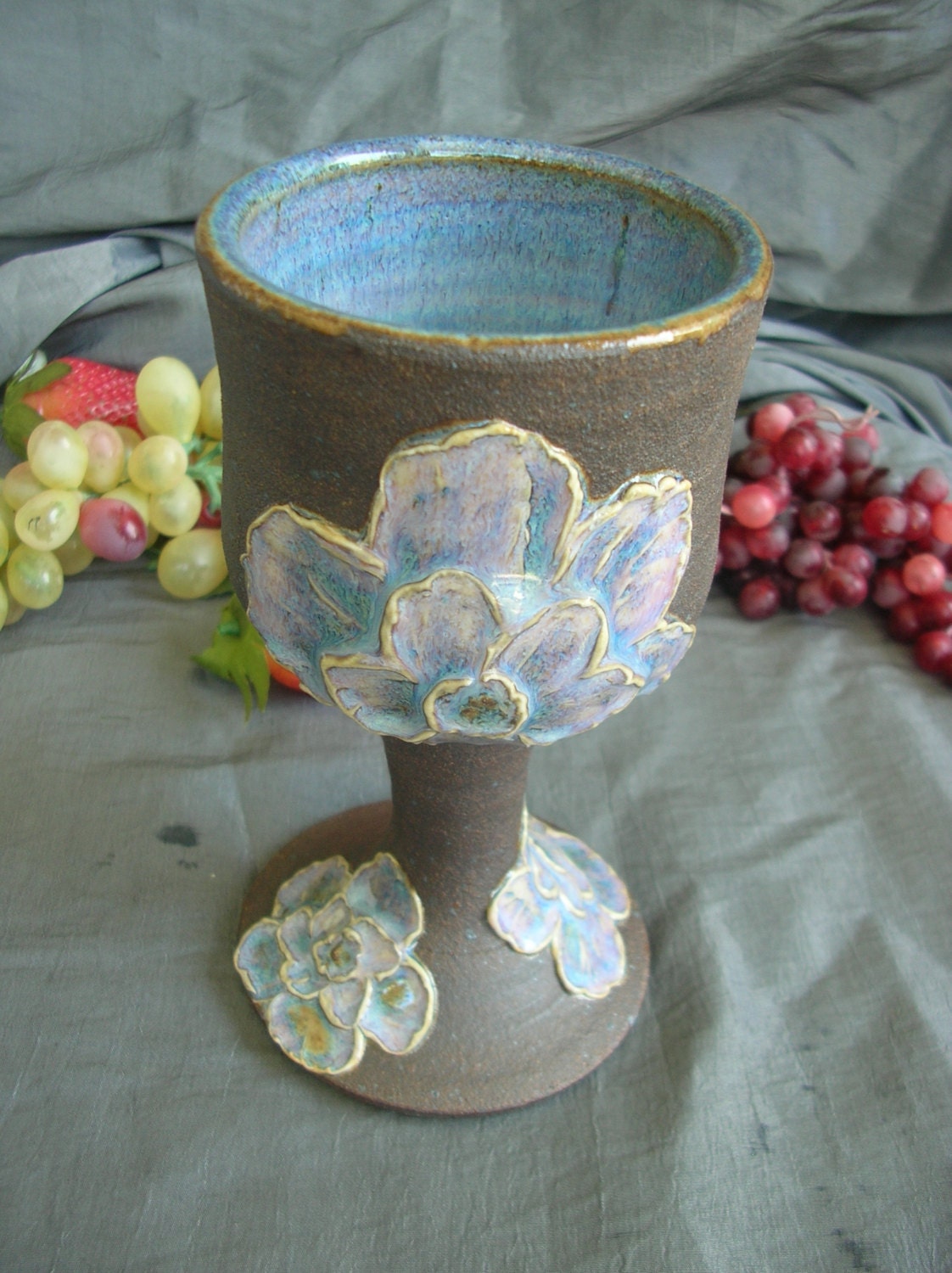 Ceramic Flower Wine Goblet in Dusk Purple and Black Mountain