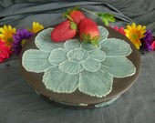 Ceramic Cake Stand, Dessert Plate, Raised Platter with Flowers in Sky Blue and Black Mountain