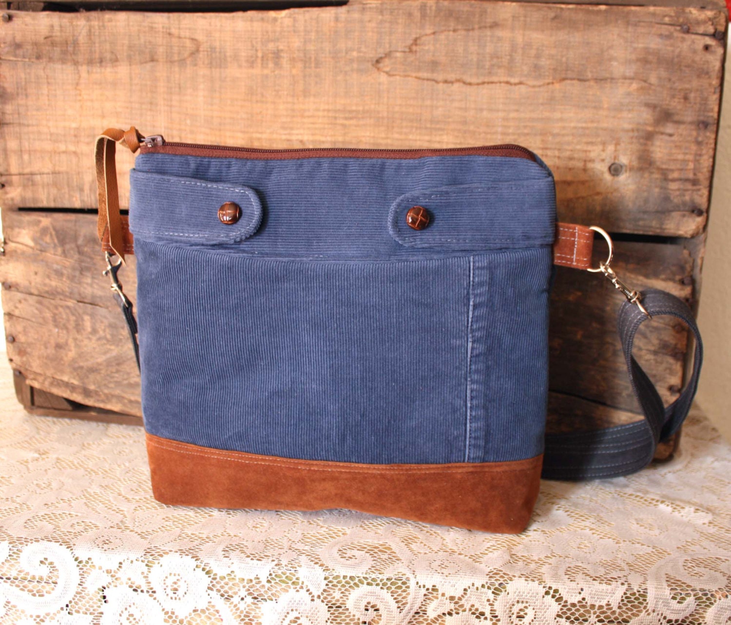 Crossbody Corduroy Purse / upcycled messenger / crossover handbag/ Faux suede trim/ Azure Color - READY--