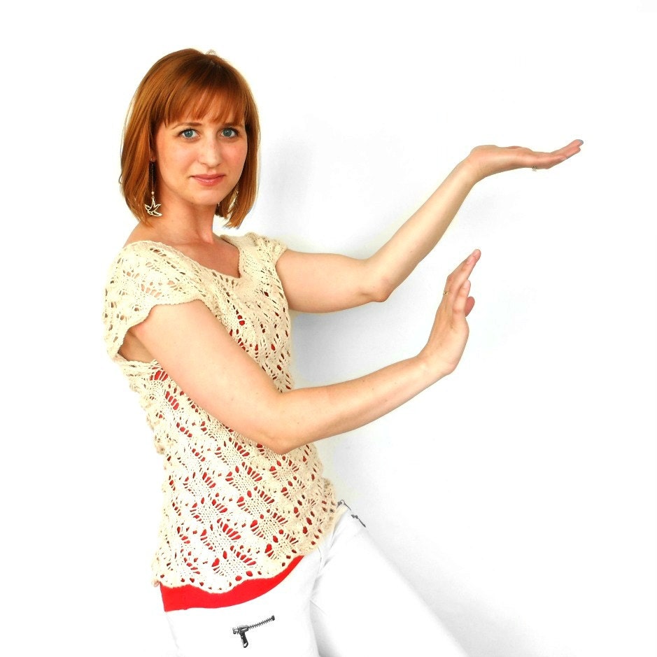Irene Lace Blouse Top Tee Shirt Hand Knit Ivory Natural Beige Cotton Linen