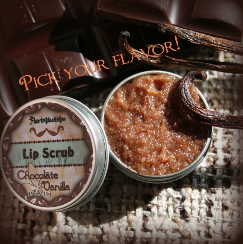 Organic Chocolate Vanilla Lip Scrub and Lip Balm 2 in 1 Natural delicious polish with Raw Honey. PICK YOUR FLAVOR