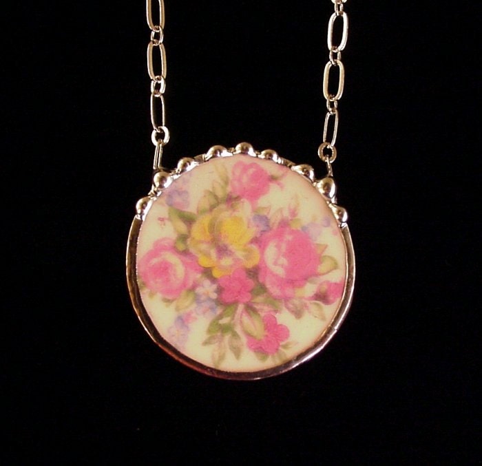 Broken china jewelry 1920's pastel rose floral circle necklace made from a broken antique plate