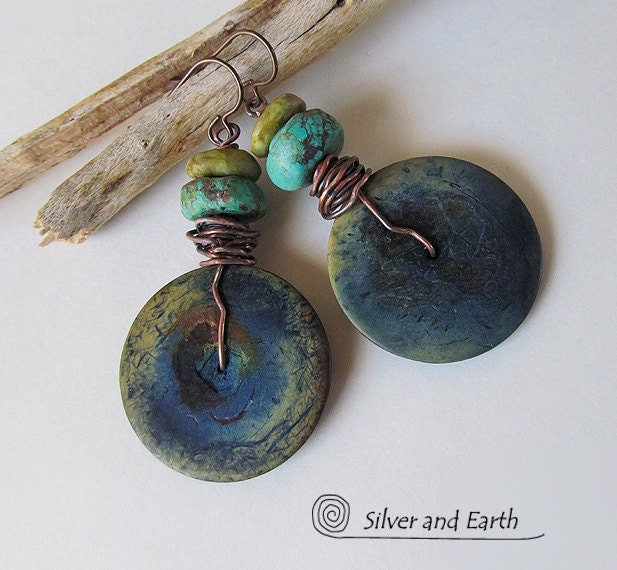 Boho Dangle Earrings, Rustic Earthy Earrings with African Bone, Turquoise & Serpentine, Boho Tribal Gypsy Jewelry, Beadwork Earrings