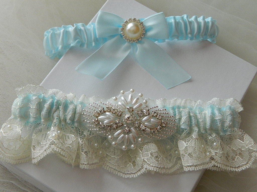 Wedding Garter Set Baby Blue With Ivory Chantilly Lace Pearl And Rhinestone Embellishment