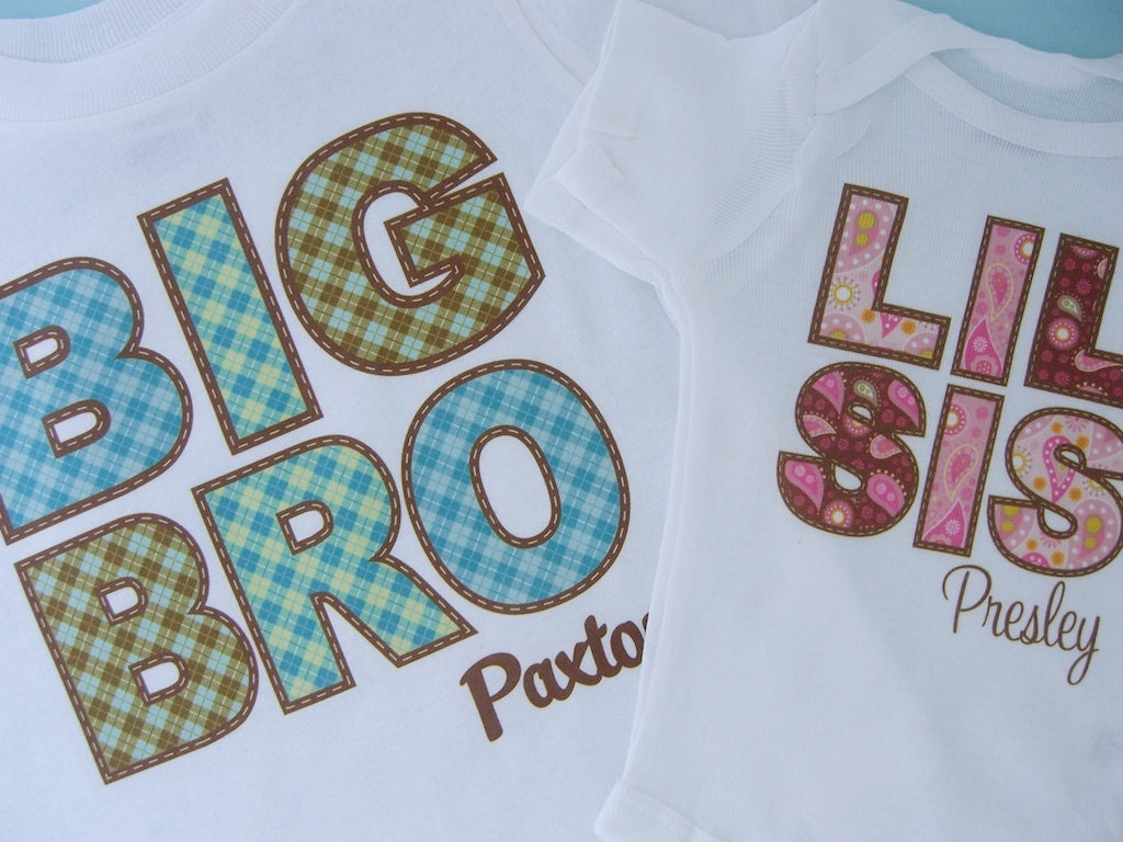 Set of Two Boys Big Brother and Girls Lil Little Sister Shirt Personalized Infant, Paisley and Plaid Toddler or Youth Tee Shirt or Onesie