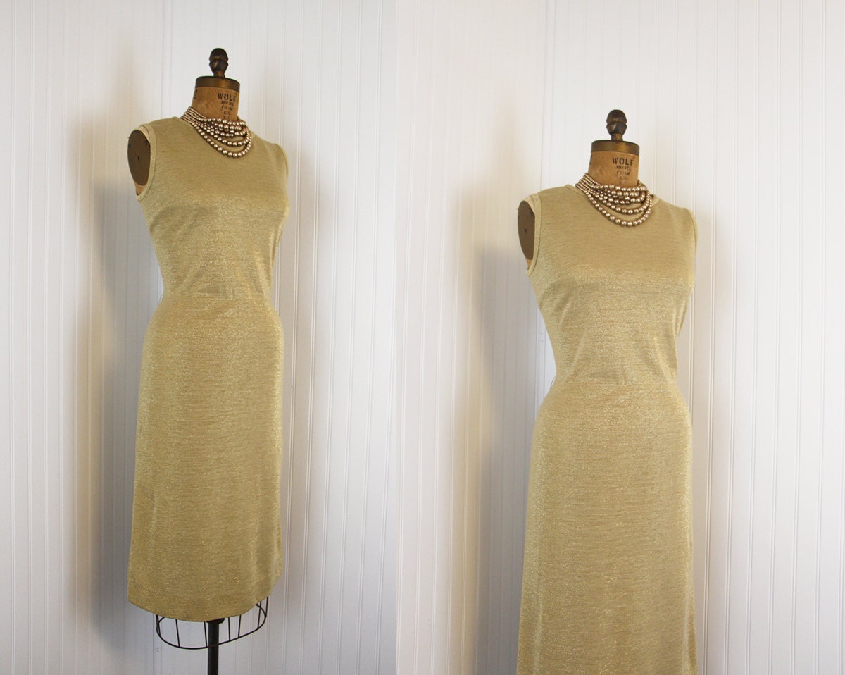 1950s Dress - Vintage 50s 60s Gold Lurex Knit Dress - Cocktail Party Wiggle Mad Men XL XXL - Gold Fever