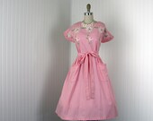 1950s Dress - Vintage 50s Swirl Wrap Dress - Pink Floral Cotton Day House L XL - A Girl All Aswirl